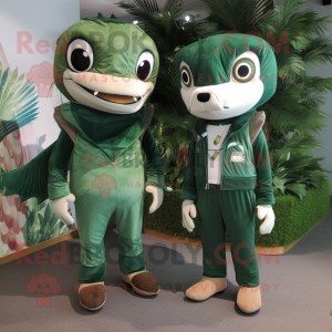 Forest Green Barracuda mascot costume character dressed with a Jumpsuit and Messenger bags