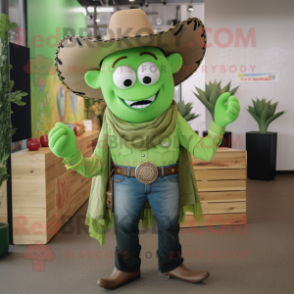 Lime Green Cowboy mascot costume character dressed with a Dress Shirt and Earrings