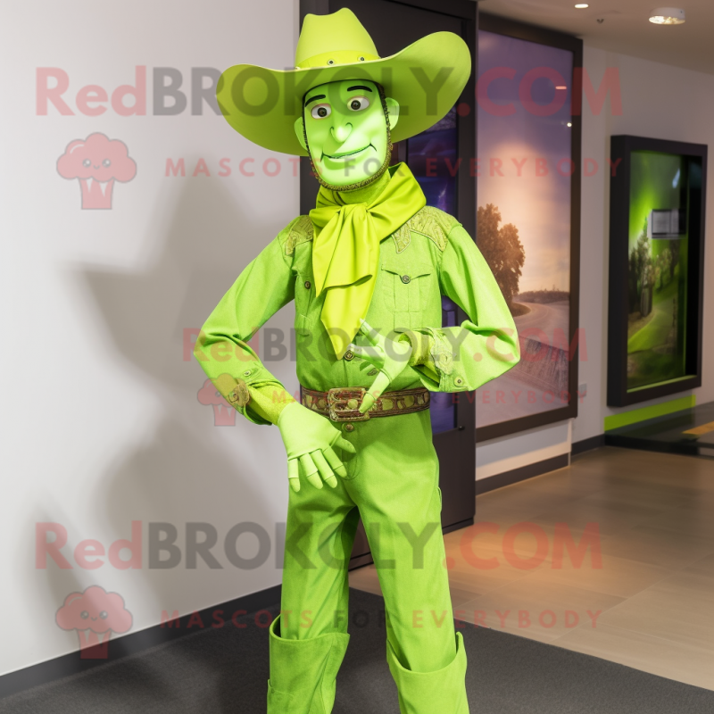 Lime Green Cowboy mascot costume character dressed with a Dress Shirt and Earrings