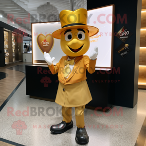 Gold Heart mascot costume character dressed with a Henley Shirt and Hat pins