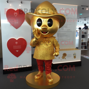 Gold Heart mascot costume character dressed with a Henley Shirt and Hat pins