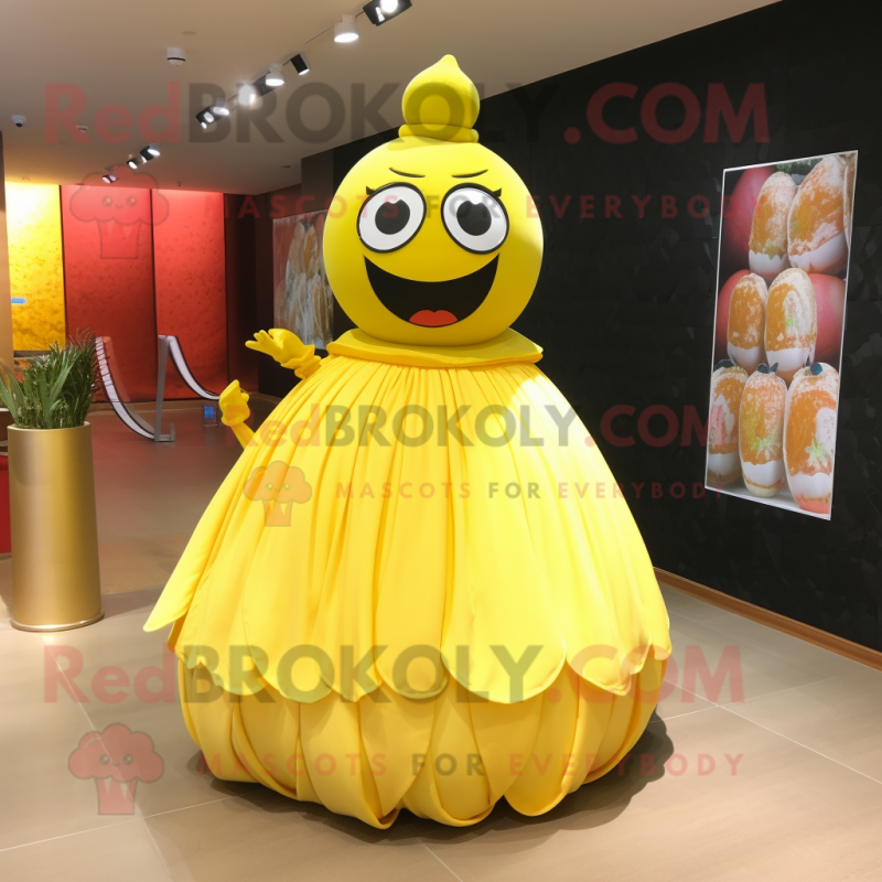 Lemon Yellow Miso Soup mascot costume character dressed with a Ball Gown and Rings