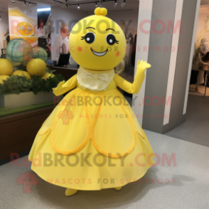 Lemon Yellow Miso Soup mascot costume character dressed with a Ball Gown and Rings