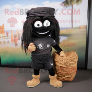 Black Pad Thai mascot costume character dressed with a Cargo Shorts and Headbands