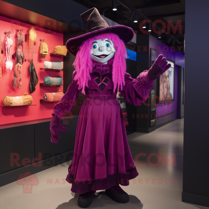 Magenta Witch mascot costume character dressed with a Romper and Suspenders