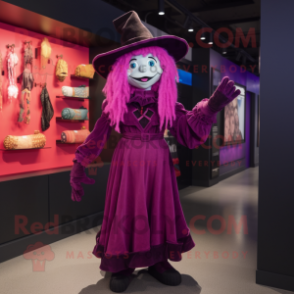Magenta Witch mascot costume character dressed with a Romper and Suspenders