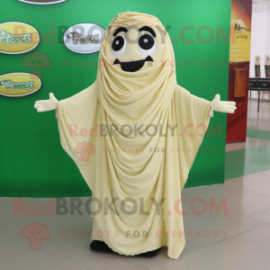 Beige Pesto Pasta mascot costume character dressed with a A-Line Dress and Shawls