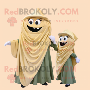 Beige Pesto Pasta mascot costume character dressed with a A-Line Dress and Shawls