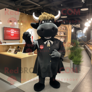 Black Steak mascot costume character dressed with a Blouse and Lapel pins