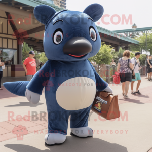 Navy Killer Whale mascot costume character dressed with a Denim Shorts and Tote bags