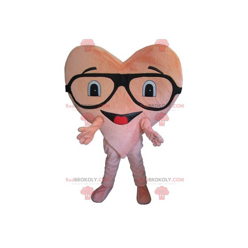 Mascote gigante de coração rosa com óculos - Redbrokoly.com