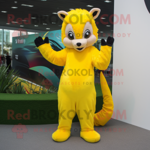 Yellow Skunk mascot costume character dressed with a One-Piece Swimsuit and Mittens