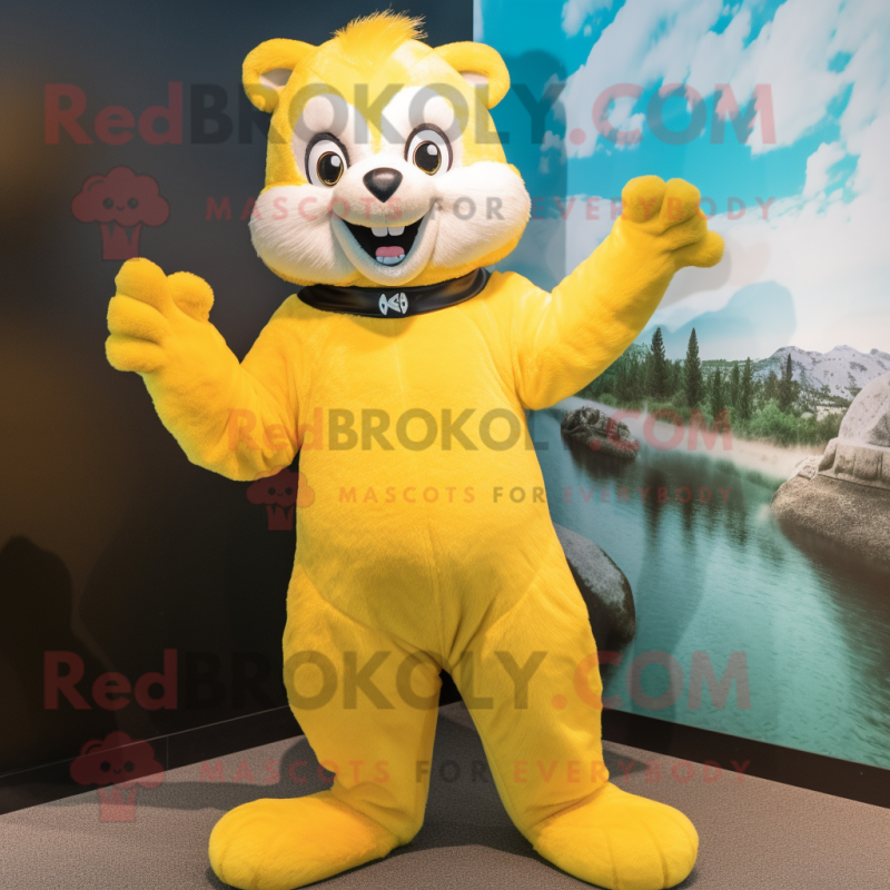 Yellow Skunk mascot costume character dressed with a One-Piece Swimsuit and Mittens