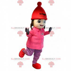 Mascot brunette meisje in ski-outfit. Mascotte La Plagne -