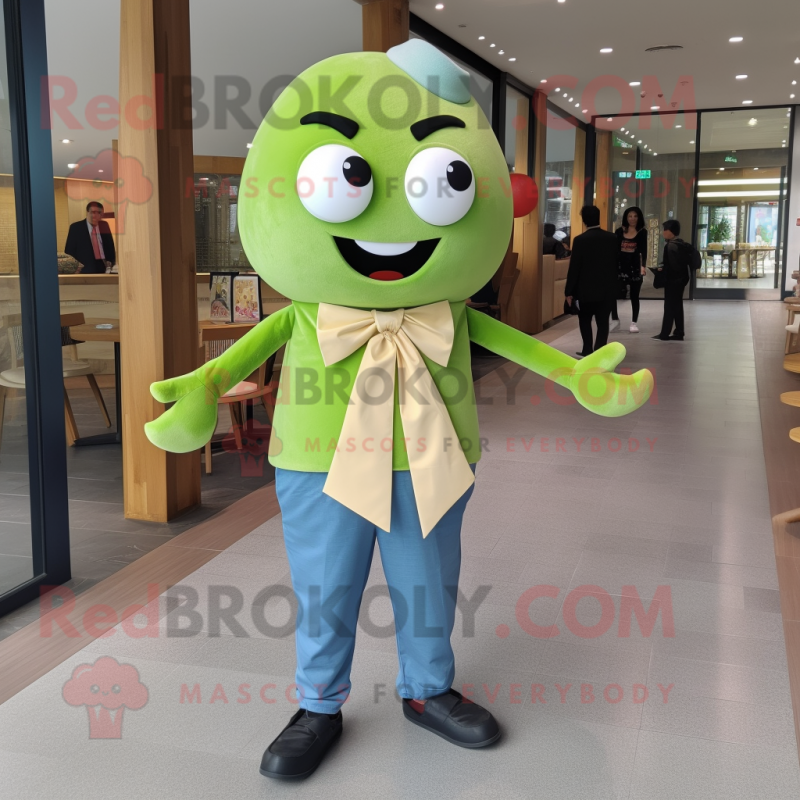 Olive Dim Sum mascot costume character dressed with a Boyfriend Jeans and Bow ties