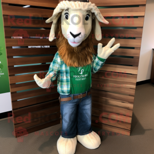Forest Green Boer Goat mascot costume character dressed with a Flare Jeans and Headbands