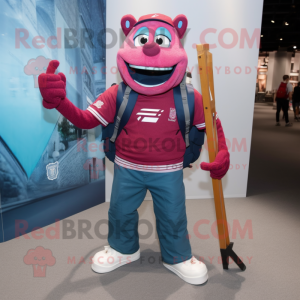 Magenta Ice Hockey Stick mascot costume character dressed with a Denim Shirt and Backpacks