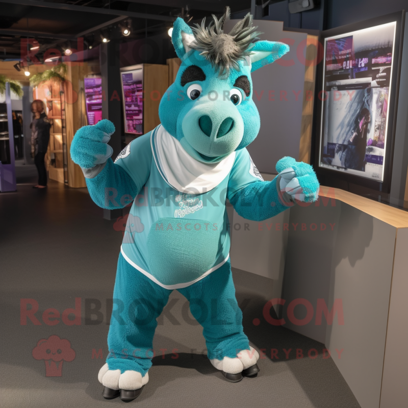 Teal Donkey mascot costume character dressed with a Leggings and Bracelets