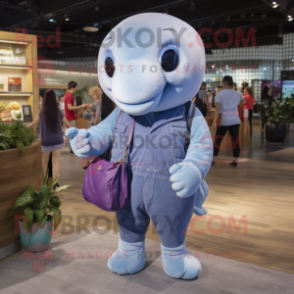 Lavender Beluga Whale mascot costume character dressed with a Denim Shirt and Handbags