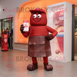 Red Chocolate Bar mascot costume character dressed with a Bermuda Shorts and Clutch bags