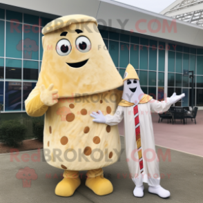 Cream Pizza Slice mascot costume character dressed with a Jumpsuit and Mittens