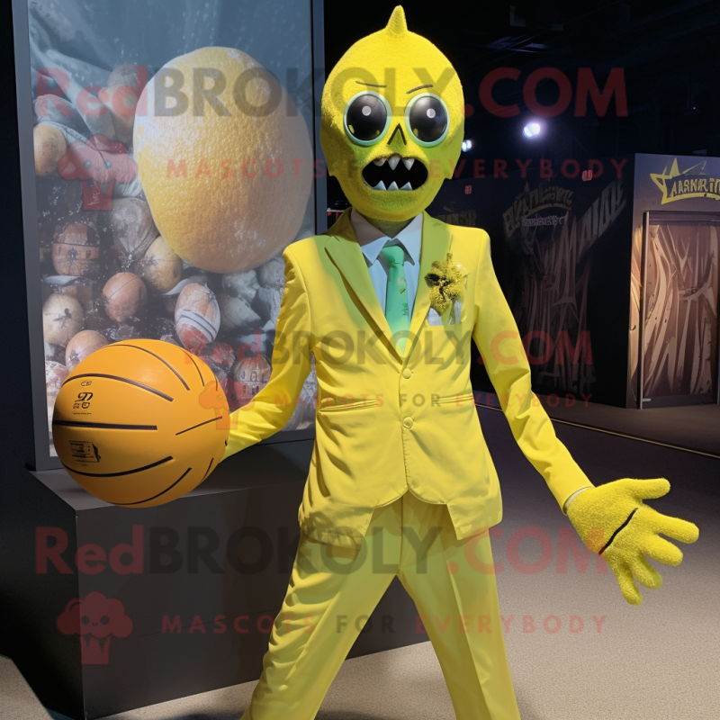 Lemon Yellow Undead mascot costume character dressed with a Ball Gown and Tie pins