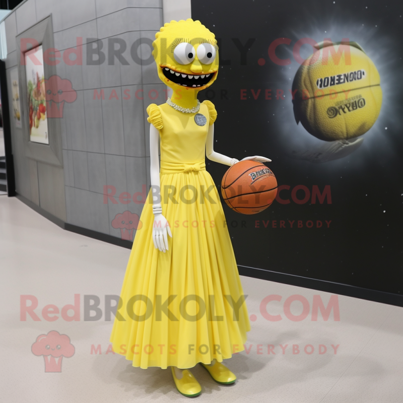 Lemon Yellow Undead mascot costume character dressed with a Ball Gown and Tie pins