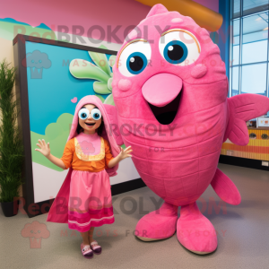 Pink Fish Tacos mascot costume character dressed with a Sheath Dress and Coin purses