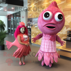 Pink Fish Tacos mascot costume character dressed with a Sheath Dress and Coin purses