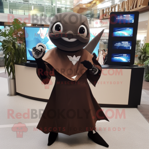 Brown Manta Ray mascot costume character dressed with a Shift Dress and Smartwatches