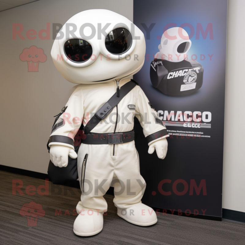 White Clam Chowder mascot costume character dressed with a Moto Jacket and Handbags