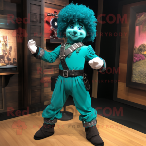 Turquoise Irish Dancer mascot costume character dressed with a Cargo Pants and Belts