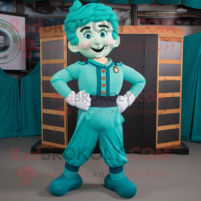 Turquoise Irish Dancer mascot costume character dressed with a Cargo Pants and Belts