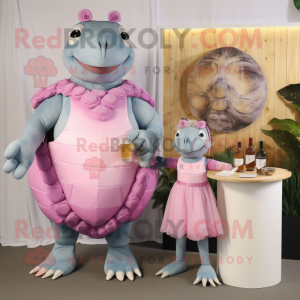Pink Glyptodon mascot costume character dressed with a Cocktail Dress and Ties