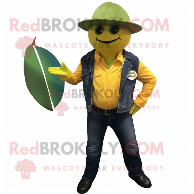 Olive Mango mascot costume character dressed with a Moto Jacket and Hats