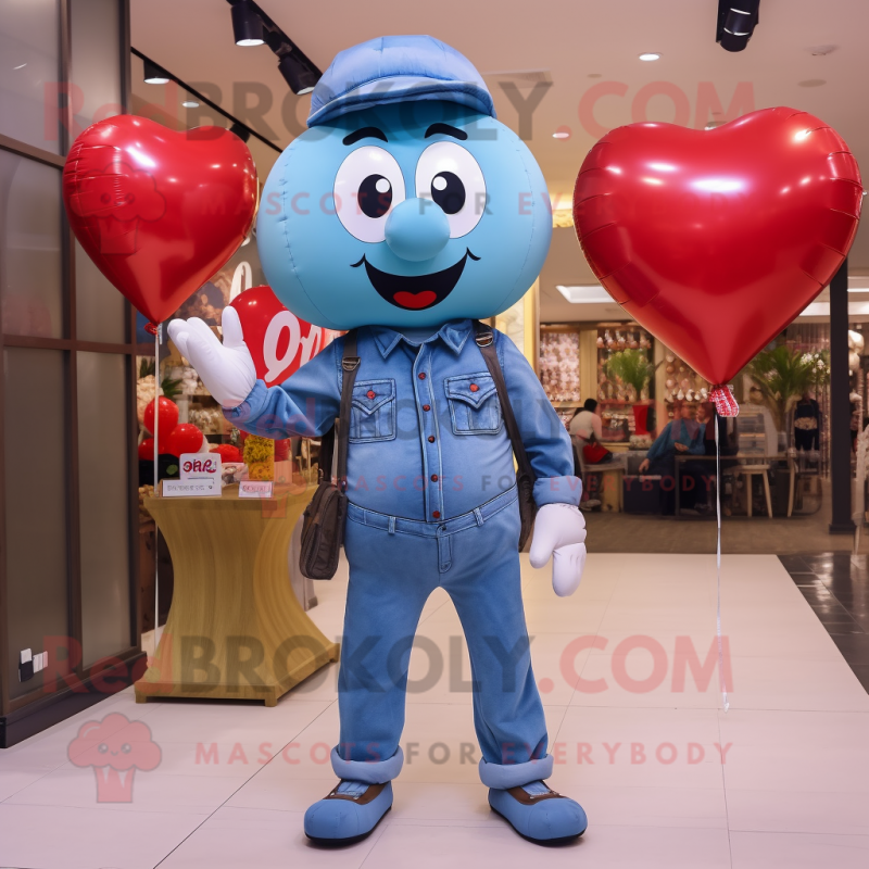 Sky Blue Heart Shaped Balloons mascot costume character dressed with a Denim Shirt and Cufflinks