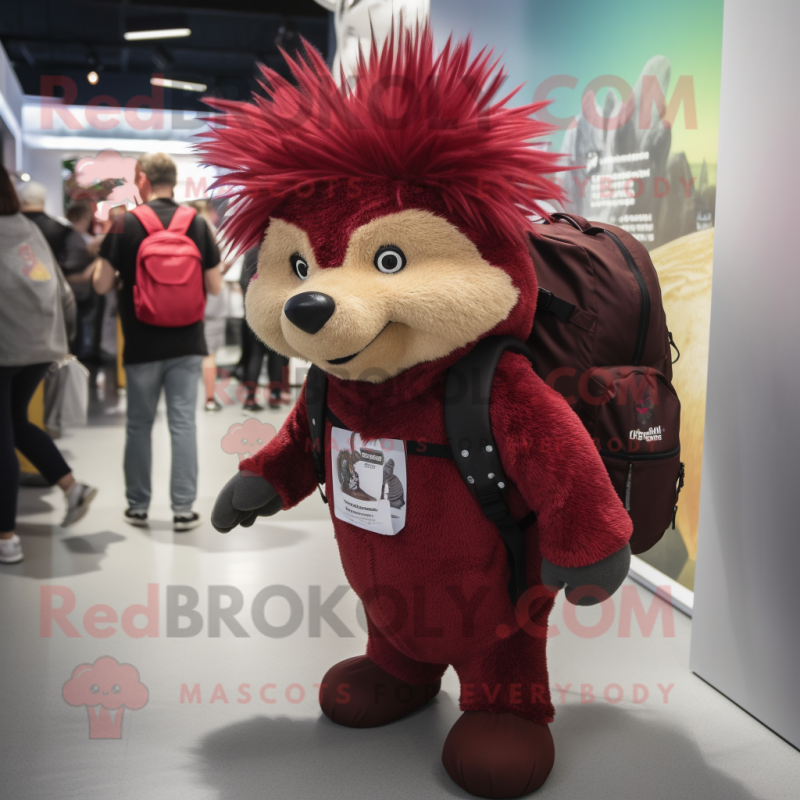 Maroon Porcupine mascot costume character dressed with a Jumpsuit and Backpacks