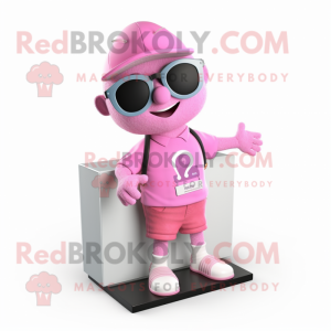 Pink Television mascot costume character dressed with a Bermuda Shorts and Sunglasses