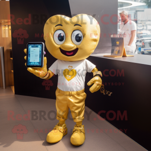 Gold Heart mascot costume character dressed with a Boyfriend Jeans and Smartwatches