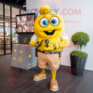 Gold Heart mascot costume character dressed with a Boyfriend Jeans and Smartwatches