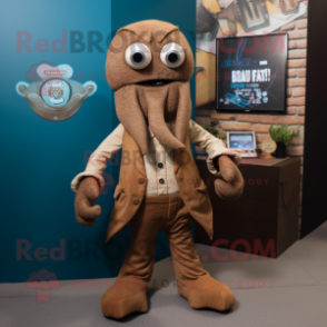 Brown Kraken mascot costume character dressed with a Cardigan and Lapel pins