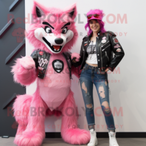 Pink Say Wolf mascot costume character dressed with a Biker Jacket and Hair clips