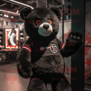Black Teddy Bear mascot costume character dressed with a Graphic Tee and Headbands