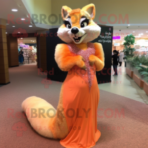 Peach Mongoose mascot costume character dressed with a Evening Gown and Earrings