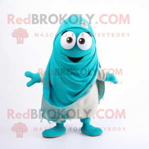 Turquoise Shakshuka mascot costume character dressed with a Shorts and Scarf clips