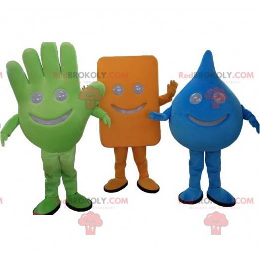 3 mascottes : une main verte une goutte bleue et un rectangle -