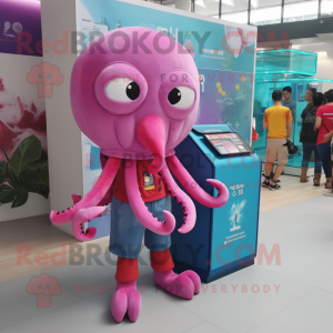 Magenta Octopus mascot costume character dressed with a Denim Shorts and Coin purses