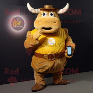 Gold Beef Wellington mascot costume character dressed with a Jeans and Smartwatches