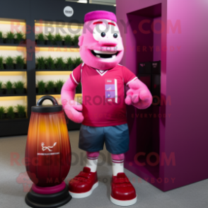 Magenta Scented Candle mascot costume character dressed with a Rugby Shirt and Briefcases