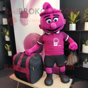 Magenta Scented Candle mascot costume character dressed with a Rugby Shirt and Briefcases